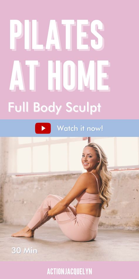 A Full Body Pilates Sculpt workout that will lean out and tone your muscles from head to toe in 30 minutes. Each slow-controlled movement will teach you how to burn fat from home, tighten your core, improve balance, and strengthen your entire body. Option to add a set of light hands weights for an extra calorie burning! Mine are each 3 lbs. + Follow me for more videos! Action Jacquelyn Pilates Sculpt Workout, Pilates Sculpt, Action Jacquelyn, Sculpt Workout, Full Body Pilates, Body Sculpting Workouts, How To Burn Fat, Pilates At Home, Pilates Videos