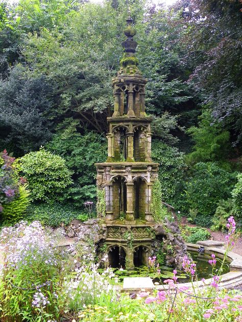 Gothic Water Fountain, Victorian Gothic Garden, Overgrown Fountain, Gothic Garden Decor, Gothic Landscaping, Gothic Garden Aesthetic, Northeastern Gothic, Gothic Fountain, Great Fairy Fountain