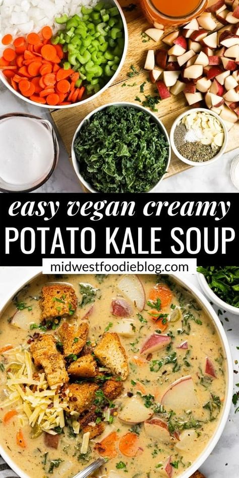 This creamy Vegan Potato Kale Soup is the ultimate veggie-loaded comfort food. It's filled with simple ingredients and is an easy make-ahead dinner which makes it ideal for busy weeknights! Potato Kale Soup, Vegan Tomato Soup, Kale Soup, Kale Recipes, Vegan Potato, Vegan Soup Recipes, Veggie Soup, Vegan Soups, Vegan Soup