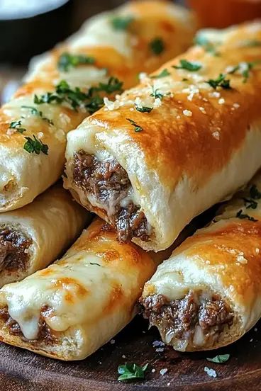 Philly Cheesesteak Stuffed Cheesy Breadsticks are loaded with beef, cheese, and garlic. Perfect for parties or snacks! Try them now. Best Cheesesteak Recipe, Brick Cheese Recipes, Keto Philly Cheesesteak Roll Up, Recipes Using Cheese Sticks, Philly Cheese Steak Garlic Bread, Stuffed Cheese Bread, Philly Cheesecake, Stuffed Garlic Bread, Steak Ribeye