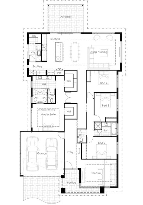 Scullery Laundry, Kitchen With Scullery, Kitchen Scullery, Bedroom Display, Sloping Lot House Plan, Simple Floor Plans, Summit Homes, Modern Floor Plans, Plans Architecture