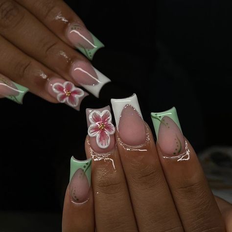 Nail Inspo Acrylic Designs, Pink And Green Nails Design, Cute Green Nails, Colourful Acrylic Nails, Acrylic Nails Design, Butterfly Nail Designs, Cute Pink Nails, Hippie Nails, Girly Acrylic