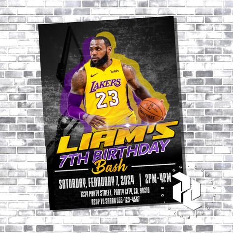 LeBron James Invitation - Lakers Invitation - Los Angeles Lakers - LeBron James - NBA Birthday Lebron James Birthday, Lakers Party, Basketball Birthday Party Invitations, Lakers Lebron, Basketball Birthday Parties, Basketball Birthday, Party City, Los Angeles Lakers, Custom Invitations