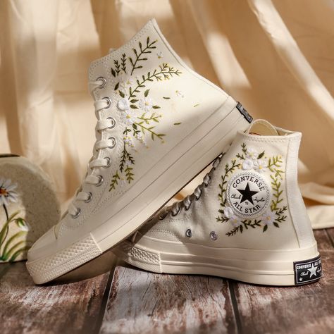 Wedding Reception Shoes, Sneakers For Bride, Wedding Sneakers For Bride, Cute Converse Shoes, Bridal Converse, Reception Shoes, Converse Wedding Shoes, Embroidered Sneakers, Bridal Sneakers