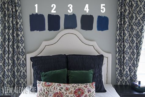 Roundup of 5 beautiful fail-safe navy paint colors in action!. Popular Bedroom Colors, Bathroom Colors Blue, Blue Interior Paint, Blue Bedroom Paint, Dark Blue Curtains, Navy Paint Colors, Navy Blue Paint Colors, Blue Gray Bedroom, Navy Blue Bathrooms