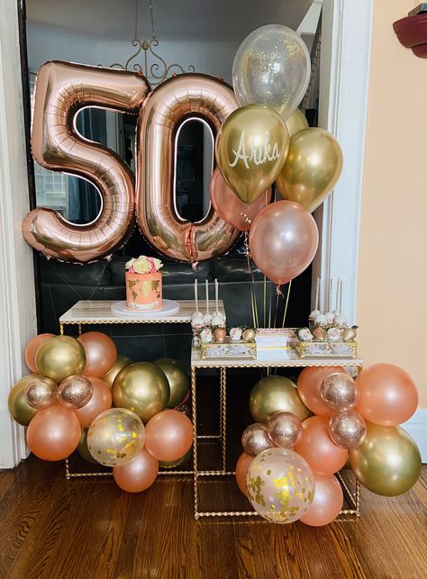 Rose Gold Balloons Sweet Table #50thanniversary Rose Gold 50th Birthday Party, 50th Birthday Rose Gold, 60th Birthday Theme, 50th Birthday Balloons, 72 Birthday, Birthday Sweets, Moms 50th Birthday, 50th Wedding Anniversary Party, 50th Birthday Decorations