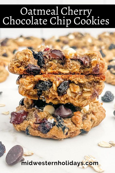 Big, thick Oatmeal Cherry Cookies are soft, chewy cookies loaded with lots of stuff -- tender oats, dried cherries, white and dark chocolate chips, and warm, cozy spices -- and made with all brown sugar for rich, molasses flavor. Oatmeal cherry cookies take just minutes to make with no chill time, so you can dig into soft, warm, homemade cookies as quickly as possible. Chocolate Cherry Chip Cookies, Dried Cherry Cookies, Thick Oatmeal, Cherry Oatmeal Cookies, Soft Chewy Cookies, Cherry Oatmeal, Family Breakfast Recipes, Vegan Ice Cream Recipe, Chocolate Covered Marshmallows