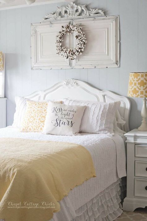 Yellow Pops in this Vintage Modern Bedroom Urban Chic Bedrooms, Vintage Modern Bedroom, Rustic Chic Bedroom, Shabby Chic Decorating, Chic Bedroom Design, Spring Bedroom, Chic Bedroom Decor, Shabby Chic Room, White Bed