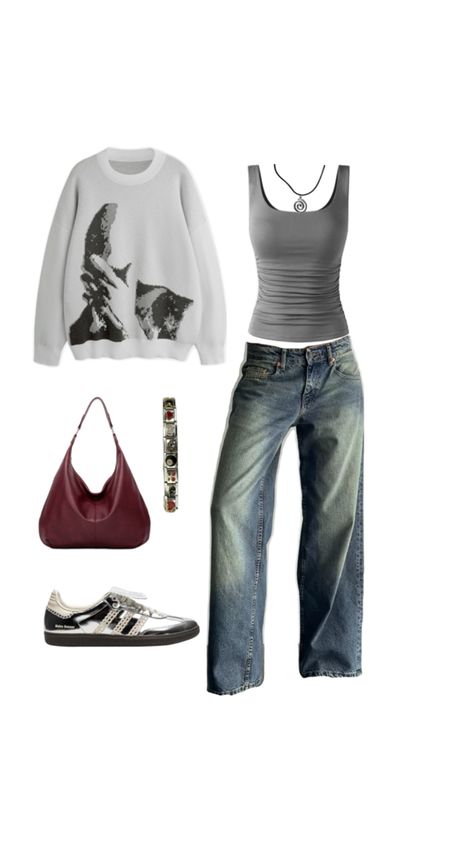 ahs style, jeans, iutfit, tank top, grey, wales bonner samba, samba silver, adidas samba Gray Tank Outfit, Grey Tank Top Outfit, Wales Bonner Samba, Ahs Style, Silver Adidas, Sambas Adidas, Adidas Samba Outfit, Samba Outfit, Tank Outfit