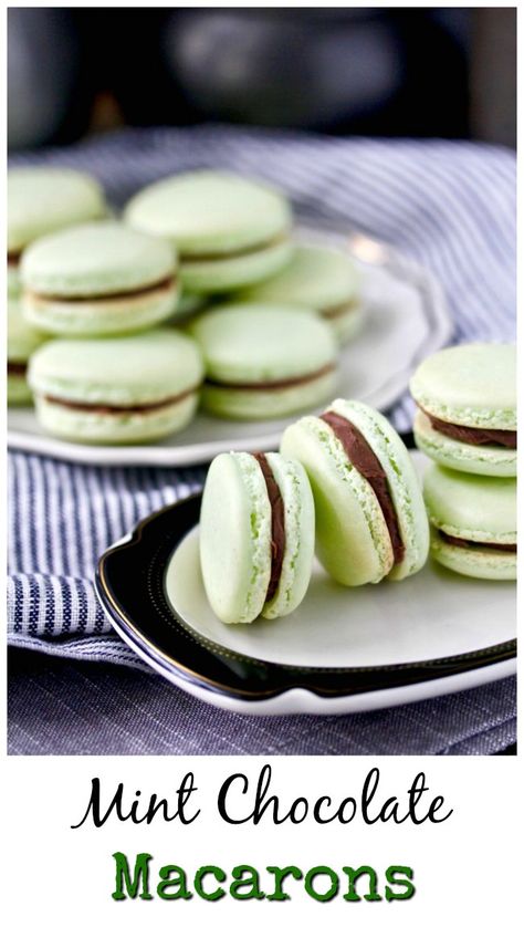 These mint chocolate French macarons, elegant little almond cookie shells filled with a mint chocolate ganache, are such huge crowd pleasers. #macarons #chocolate #mint #desserts Chocolate Macarons Recipe Easy, Chocolate Mint, Mint Chocolate Ganache, Macaroons Recipe Chocolate, Mint Chocolate Macarons, Chocolate Ganache For Macarons, Mint Macarons, Macaroons Flavors Macaron Filling, Chocolate Mint Macarons