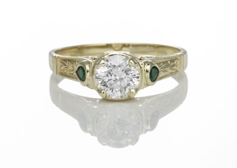 Diamond Engagement Ring with Emerald Accents - JunikerJewelry.com - Madison, MS Engagement Rings Victorian, Diamond Engagement Ring With Emerald, Antique Engagement Rings Victorian, Engagement Ring With Emerald, Fancy Yellow Diamond Ring, Ring With Emerald, Pretty Engagement Rings, Engagement Ring Mountings, Filigree Engagement Ring