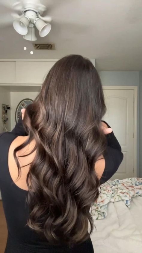 Curled Dark Brown Hair, Dark Brown Curled Hair, Loose Waves Brown Hair, Long Brown Curled Hair Prom, Long Wavy Chocolate Brown Hair, Black Hair Balayage, Brown Hair Looks, Brown Hair Inspo, Brunette Hair With Highlights