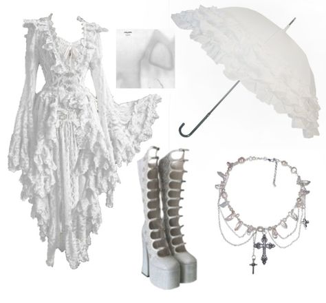 White Gothic Dress Outfit, White Angel Aesthetic Outfit, White Goth Makeup Looks, Gothic White Outfit, Ghost Core Aesthetic Outfits, All White Alternative Outfit, White And Black Goth Outfit, White Gothic Aesthetic Outfit, Goth White Aesthetic