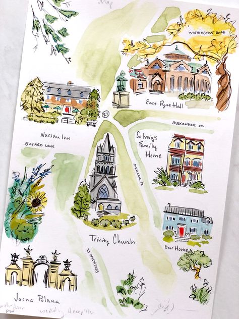 Solveig's wedding map trinity church, yale university, jasna polana Watercolor Map Wedding Invitations, Watercolor Map Wedding, Wedding Map Illustration, Map Art Illustration, Jolly Edition, Watercolour Map, Watercolor Stationary, Doodle Wedding, Wedding Maps