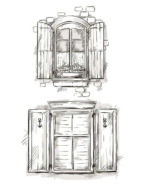 Cottage Window Drawing, Window Blinds Drawing, Old Window Design, Vintage Window Drawing, Window Seal Drawing, Old Window Drawing, Window Sketch Architecture, Window Aesthetic Drawing, How To Draw A Window