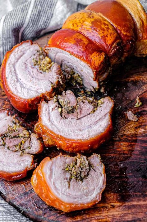 Crispy Pork Belly Porchetta with Pistachio, Parmesan & Fennel Seed - Cristina's Kitchen Porchetta Recipes, Coconut Lime Rice, Coconut Curry Sauce, Crispy Pork Belly, Crispy Pork, Summer Side Dishes, Pasta Dough, Creamy Garlic, Coconut Curry