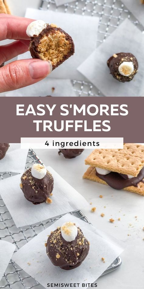 Stovetop smores truffles can be enjoyed any time of year! These 4 ingredient chocolate truffles with marshmallows and crushed graham crackers are s'mores in truffle form. Plus, this easy no bake dessert recipe only takes 15 minutes of active prep time to make. Stovetop Smores, Smores Truffles, Graham Cracker Crumble, No Bake Truffles, Truffle Recipe Easy, Easy Smores, Easy Truffles, Dessert Truffles, Smores Cake