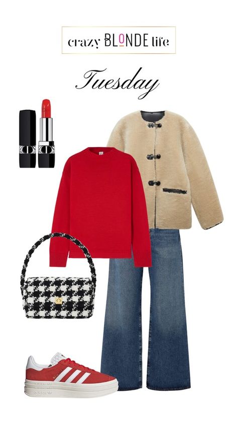 Easy fall casual style - sherpa jacket, red sweater, wide leg jeans, red sneakers, houndstooth print bag and matching lipstick. Follow Crazy Blonde Life in tge LRK app to shop this look and all the best for the holidays! Fashion over 50, fall fashion, holiday style, casual style, cadual ourfit idea, festive outfit idea Chic Red Cardigan For Fall, Red Wool Cardigan For Fall, Red Fleece Sweater For Fall, Cozy Red Cardigan For Fall, Casual Red Fleece Sweater, Faux Shearling Vest, Clothing Subscription, Thanksgiving Fashion, Shearling Vest