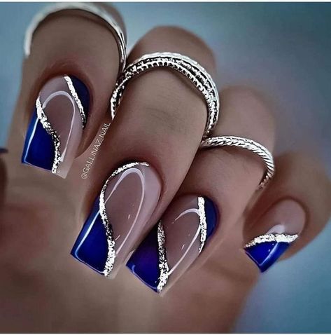 Navy And Silver Nails, Cowboy Nails, Blue Chrome Nails, Blue And Silver Nails, Silver Nail Designs, Blue Gel Nails, Navy Blue Nails, Baby Blue Nails, Art Deco Nails