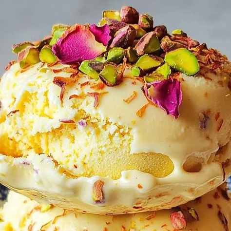 Chef zouheir on Instagram: "Persian Ice Cream
Ingredients:
• 1 liter good quality vanilla ice cream
• Good pinch of saffron threads (approx. ¼ teaspoon)
• 1 ½ teaspoons rose water
• 60 g pistachios, chopped finely
• ¾ cup cream or heavy cream
• Garnish with rose petals (optional)
________________________________________
Directions:
1. Prepare the saffron: In a small bowl, add the saffron threads and a tablespoon of warm water. Let it steep for about 10-15 minutes until the water is infused with the saffron color and flavor.
2. Soften the ice cream: Allow the vanilla ice cream to soften at room temperature for about 10-15 minutes until it’s slightly easier to mix.
3. Mix ingredients: In a large bowl, combine the softened ice cream, saffron infusion (including the threads), rose water, and h Persian Ice Cream, Persian Desserts, Saffron Threads, Saffron Recipes, Ice Cream Ingredients, Rose Water, Vanilla Ice Cream, Large Bowl, Heavy Cream