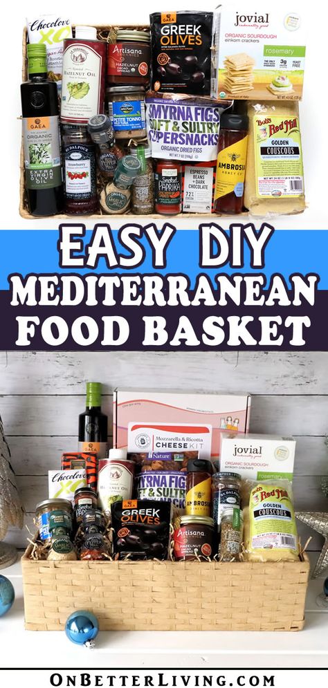 #sponsored Looking for the perfect gift idea? Try this easy, DIY Mediterrean gourmet gift basket that every foodie will love. For the ultimate in holiday gift basket making convenience, @iHerb makes shopping super easy and has a large selection of international grocery items to choose from including gourmet oils, spices, grains, olives, chocolates, teas, coffees, honey, and snacks. Simply order everything from iHerb and get it delivered in a flash! Spice Gift Basket, Cooking Gifts Basket, Healthy Gift Basket, Food Gift Basket, Gourmet Baskets, Food Gift Baskets, Spice Gift, Organic Gifts, Around The World Food