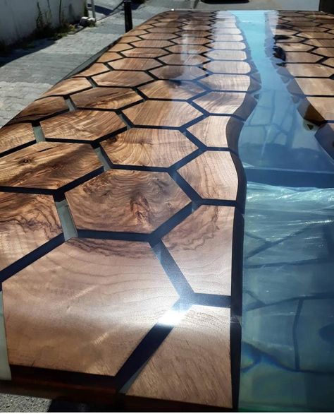 Luxury Custom Order 100 x 48 Clear Epoxy Resin Hexagon | Etsy Dining Table For 2, River Dining Table, Table Top Wood, Table For 2, Crystal Clear Epoxy Resin, Resin Countertops, Wood Table Design, Epoxy Table, Clear Epoxy Resin