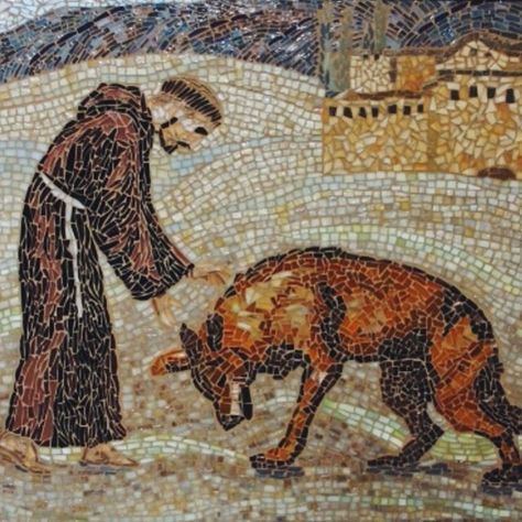 St. Francis and the Wolf of Gubbio #mosaic #mosaicart St Francis Of Assisi, University Of New Mexico, Mosaic Animals, Sign Of The Cross, Rennaissance Art, Custom Mosaic, Mosaic Artwork, San Francesco, Francis Of Assisi