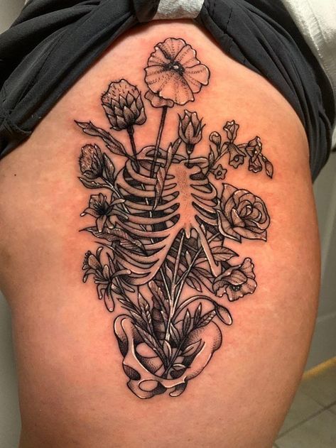 Skeleton Flower Tattoo, Anatomy Tattoo, Skeleton Flower, Skeleton Tattoos, Spooky Tattoos, Flowers Tattoo, Calf Tattoo, Sunflower Tattoo, Aesthetic Tattoo