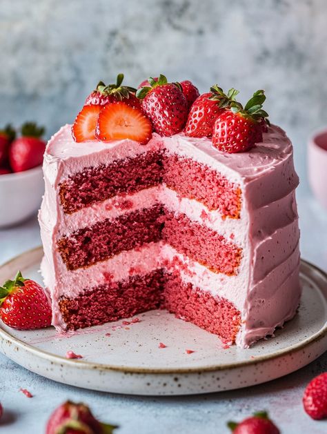 Moist Strawberry Cake with Fresh Strawberry Buttercream 🍓🍰  🍓 𝗜𝗻𝗴𝗿𝗲𝗱𝗶𝗲𝗻𝘁𝘀 🍨  For the Cake:  2 1/2 cups all-purpose flour 2 1/2 teaspoons baking powder 1/2 teaspoon salt 🧂 1/2 cup unsalted butter, softened 🧈 1/4 cup vegetable oil 🛢️ 1 1/2 cups granulated sugar 🍚 3 large eggs 🥚 2 teaspoons vanilla extract 🍨 1/2 cup whole milk 🥛 1/2 cup pureed strawberries 🍓 1/4 cup sour cream 🥄 1/2 cup finely chopped fresh strawberries 🍓 A few drops of pink food coloring (optional) 🎨 Pretty Strawberry Cake, Strawberry Blueberry Cake, Moist Strawberry Cake, Strawberry Lemon Cake, Glazed Cake, Strawberry Vanilla Cake, Pink Food, Strawberry Buttercream, Pink Food Coloring