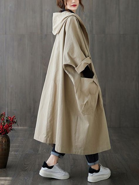 Original Solid Hooded Trench Coats Rok Midi, Sandal Tali, Oversized Trench Coat, Trench Coat Dress, Hooded Trench Coat, Winter Trench Coat, Cotton Coat, Trench Coats Women, Black Khakis