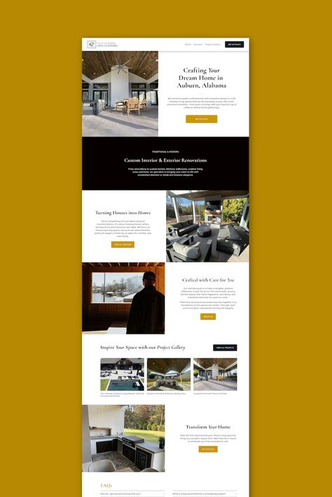 This luxury website design for a home renovations company highlights craftsmanship and top-tier services. Perfect for residential remodeling brands, the layout showcases projects, features glowing client testimonials, and strategically guides visitors through a simple 3-step process, making it easy for them to reach out. Ideal for home builders looking to create an impactful, trusted online brand. #LuxuryHomes #RenovationWebsite #ConstructionCompany #Branding #LuxuryWebsiteDesign Realtor Website Design, Realtor Website, Luxury Website Design, Luxury Website, Auburn Alabama, Squarespace Website Design, Design For Home, Custom Website Design, Website Features