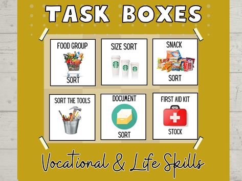 Task Boxes support various basic skills, pre-vocational skills, & life skills! Just a few of the benefits of task boxes: Promote Independence, Engaging, Build Fine Motor Skills, Reinforce IEP Goals, Teach a variety of Skills & Levels! Life Skills Task Bins, Elementary History, Addition Task Cards, Special Education Math, Money Activities, Vocational Skills, Life Skills Classroom, Quiet Time Activities, Math Tasks