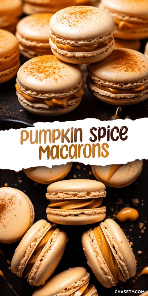 Pumpkin Spice Meringues, Pumpkin Spice French Macarons, Pumpkin Spice Macarons Recipe, Pumpkin Spice Ganache, Autumn Macaron Flavors, Pumpkin Macarons Recipe, Christmas Maccarone Recipes, Pumpkin Pie Macarons, Sourdough Macarons