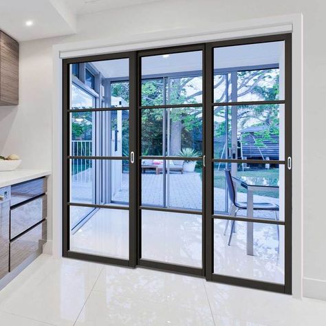 Sliding French Doors Patio Wood, Cristal Style Internal Doors, Glass Door With Black Metal Frame, Sliding Glass Doors Internal, Black Frame Sliding Glass Door, Black Glass Door Interiors, Black Sliding Doors Patio, Black Sliding Glass Door, Black Patio Doors