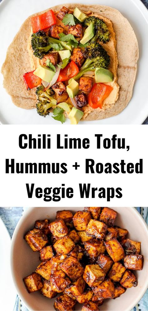 Aug 8, 2021 - Chili lime tofu hummus veggie wraps: Tofu baked to perfection with lime and Mexican spices, chipotle hummus, roasted broccoli and peppers, and avocado, all wrapped up in a soft, floury tortillas. The perfect fun, high Vegan Veggie Wraps, Vegan Tofu Wrap Recipes, Fun Tofu Recipes, Tofu Meals Healthy, Vegan Tofu Wrap, Roasted Veggie Wrap, Tofu Wrap Recipe, Healthy Tofu Dinner, Vegan Wrap Ideas