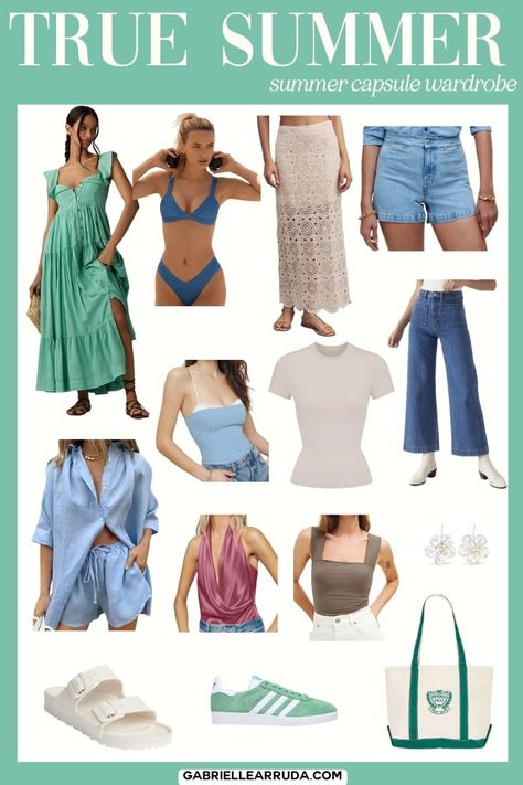 Seasonal Color Capsule Wardrobes: Summer Weather 2024 - Gabrielle Arruda Dream Wardrobe True Summer, True Summer Fabric Swatches, True Summer Capsule Wardrobe, Soft Summer Wardrobe Capsule, True Summer Color Palette Outfits, True Summer Wardrobe, True Summer Outfits, True Summer Color Palette, Autumn True