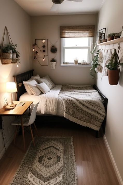 Gray Wood Bedroom Ideas, Bedroom Ideas Dark Wood Floors, Bedroom Dark Brown Floor, Tiny Apartment Bedroom Ideas, Dark Brown Floor Bedroom, Small Teen Room, Brown Bed Frame, Dark Wood Bedroom, Small Studio Apartment Decorating