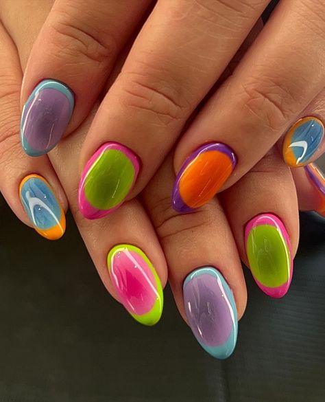 Paragon Beauty LLC (@paragonnails) • Instagram photos and videos Nail 90s Style, Funky Nail Designs Fun, Simple Colorful Nails, 60s Nail Art, Fun Short Nails, Mixed Color Nails, Nail Paint Designs, Blob Nails, Aestethic Nails