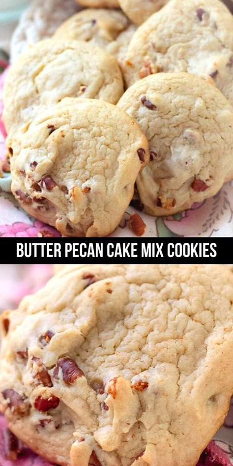 These cookies are made easy by using a Butter Pecan Cake Mix with Pudding in it and the addition of chopped pecans! Butter Pecan Pudding Cookies, Easy Cookies From Cake Mix Boxes, Cookies From Butter Pecan Cake Mix Recipes, Cake Mix Cookies Butter Pecan, Butter Pecan Cake Cookies, Recipes Using Butter Pecan Cake Mix Boxes, Cookie Recipes With Pudding, Chopped Pecan Recipes, Butter Pecan Box Cake Mix Recipes