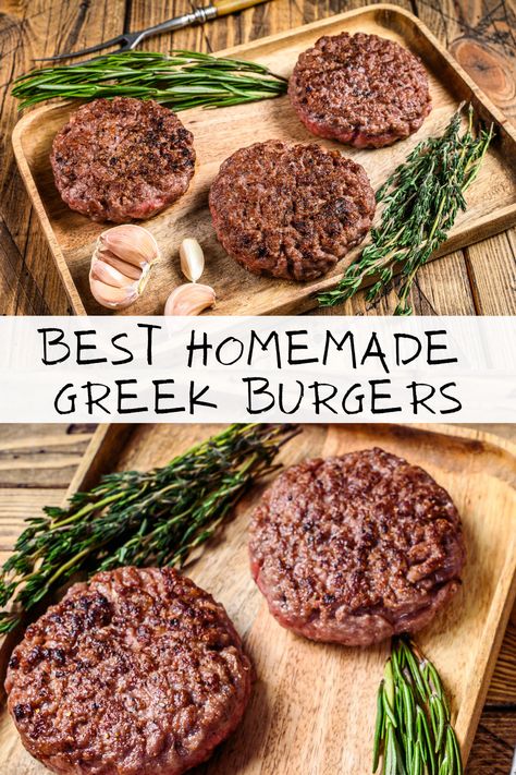 Delicious lean ground beef, tender ground lamb, and lots of fresh herbs make these the BEST homemade Greek Burgers! #burgers Greek Hamburger Recipes, Lamb And Beef Burgers, Greek Burgers Beef, Lean Burger Recipes, Ground Lamb Recipes Easy, Ground Lamb Burgers, Mediterranean Ground Beef, Greek Lamb Burgers, Greek Burgers