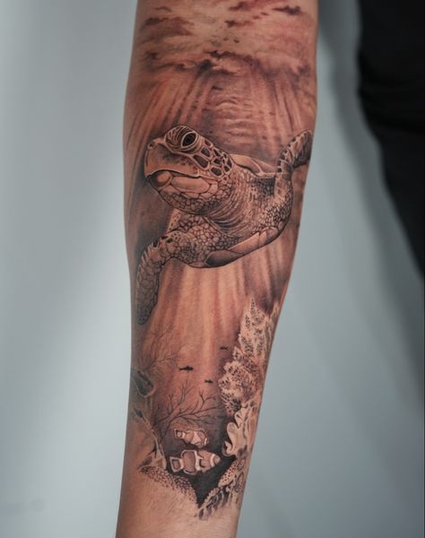 Turtle Half Sleeve Tattoo, Turtle Tattoo Realism, Under The Sea Tattoo Sleeve, Under Water Tattoo, Under The Sea Tattoo, Smaug Tattoo, Sea Tattoo Sleeve, Underwater Seascape, Underwater Tattoo