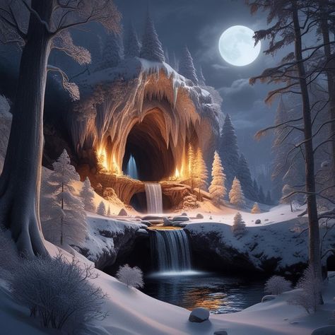 a mysterious cave, surrounded by the silence of the snowy forest and a mystical waterfall, the moonlit sky illuminating the cave entrance Mystical Waterfall, Cave Entrance, Moonlit Sky, Snowy Forest, The Cave, Entrance, Forest