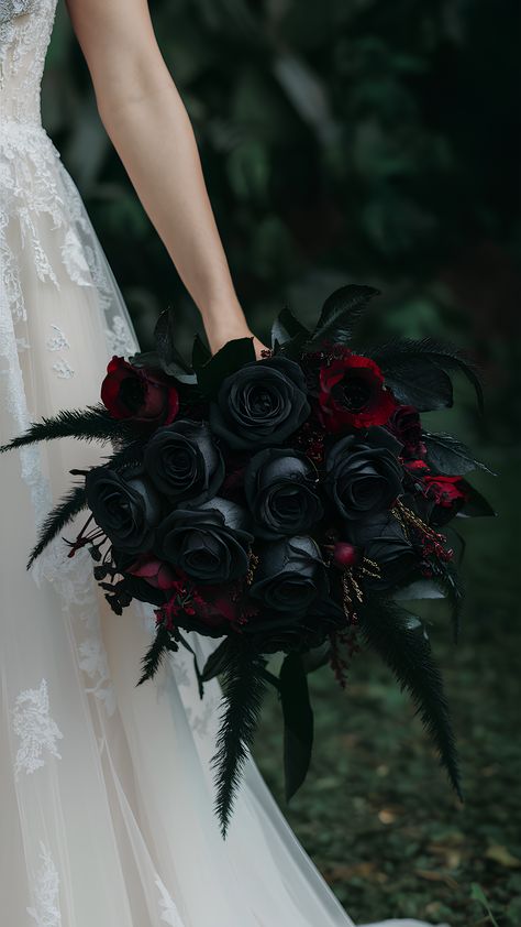 Elegant Gothic Black Rose Bouquets Black Magic Roses Bouquet, Dark Roses Bouquet, Black Rose Bouquet Wedding, Dark Bouquet Of Flowers, Dark Colored Bouquet, Dark Fairytale Wedding Bouquet, Gothic Wedding Flowers Bridal Bouquets, Dark Bouquet Wedding, Wedding Ideas Gothic