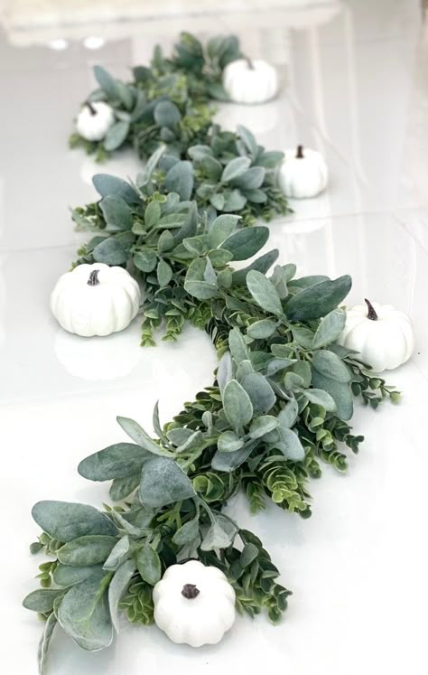 Sage Green And White Fall Decor, White Pumpkins Wedding Decorations, Fall White Pumpkin Wedding, Fall Wedding White Pumpkins, Lambs Ear Wedding Centerpieces, Green Themed Engagement Party, White Pumpkin Eucalyptus Centerpiece, Fall Engagement Party Centerpieces, Fall Wedding Table Runner