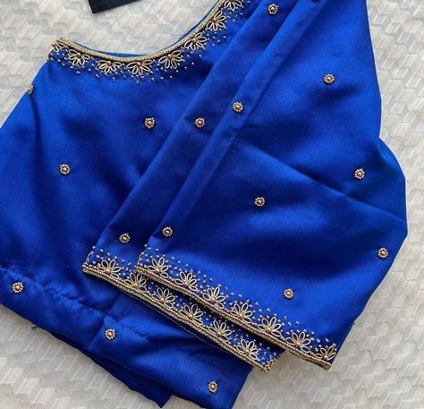 Golden Thread Work Blouse Designs, Orange Colour Blouse Aari Work, Blue Blouse Designs Simple, Purple Blouse Aari Work Design, Royal Blue Blouse Designs, Blue Colour Blouse Designs, Pink Blouse Designs, Blue Blouse Designs, Patch Work Blouse Designs