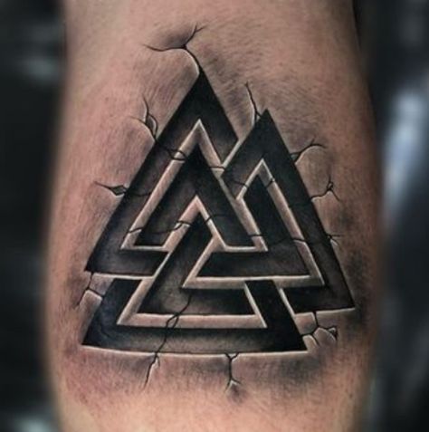 Valknut Tattoo Viking Tattoo - Uniqdon.com Viking Valknut Tattoo, Norse Runic Tattoo, Beserkers Vikings Tattoo, Nordic Arrow Tattoo, Odin Norse Mythology Tattoo, Valkyrie Tattoo Symbols, Viking Tattoo Ideas For Men, Shieldmaiden Tattoo, Irish Cross Tattoo