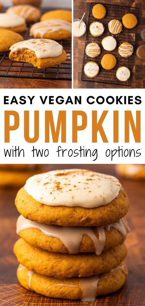 Easy, one-bowl vegan pumpkin cookies with two frosting options: vanilla icing and dairy-free cream cheese frosting. So moist, fluffy, and soft! If you're looking for the perfect Thanksgiving or fall dessert to share with friends & family, these pumpkin cookies are it. Healthy Vegan Dessert, Vegan Pumpkin Cookies, Cheesecake Vegan, Vegan Cookies Recipes, Walnut Cookies, Healthy Vegan Snacks, Vegan Holidays, Cake Vegan, Maple Glaze