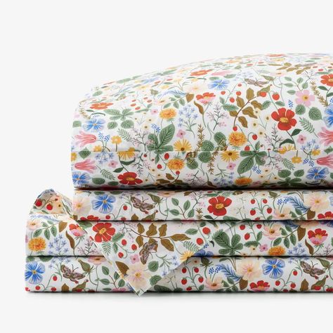 Rifle Paper Co. And The Company Store Just Dropped A New Collection Percale Bedding, Black Strawberry, Lush Landscape, Decorative Lumbar Pillows, Blush Gold, The Company Store, Percale Sheets, Bedding Essentials, Strawberry Fields