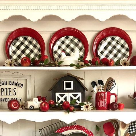 Pattie on Instagram: "Here’s my apple farm themed hutch! 🍂🍎🥰 #appledecor #fauxcarmelapples #fallhutchdecor #appletheme #applefarm #appleseason #hutchdecor #farmhousedecor #farmhousehutchdecor #fiestaware #applepiedecor #apples #buffalocheck #buffaloplaid #buffaloplaidobsessed #prefalldecor" Farmhouse Apple Decor, Apple Themed Kitchen, Apple Kitchen, Farmhouse Hutch Decor, Apple Kitchen Decor, Apple Farm, Apple Season, Hutch Decor, Apple Decorations