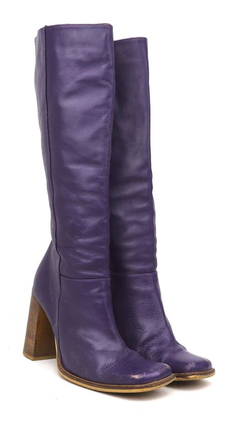 Preworn WomenS Uk Size 6 Purple Leather Knee-High Boots Custom Heels, Purple High Heels, Long Black Boots, Purple Boots, High Boots Outfit, Fashion Shoes Boots, Leather Western Boots, Purple Shoes, Tights And Boots